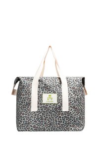 Torebka typu tote w panterkę o prostokątnym kształcie, beżowymi uchwytami i naszywką z logo na froncie w zielonym kolorze z czaszką. Teksturowany materiał.