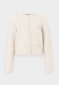 Gekürzter Cardigan in hellbeige, aus weichem Strickmaterial. Verfügt über einen runden Ausschnitt, lange Ärmel und eine Vorderknopfleiste mit sechs Knöpfen.