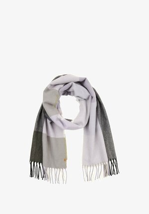 Grå og lyse lilla ternet tørklæde lavet af blødt stof, med frynsekant og en subtil tekstur. Inkluderer et lille mærke.