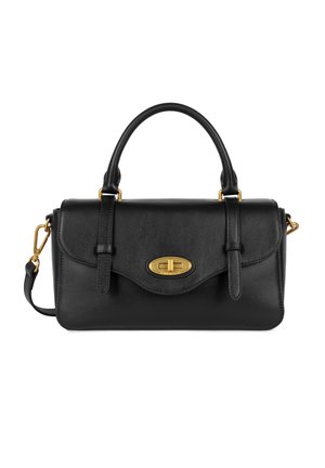 Sac à main en cuir noir au design structuré. Présente des accessoires en métal doré, une poignée supérieure, une bandoulière amovible et une fermeture magnétique.
