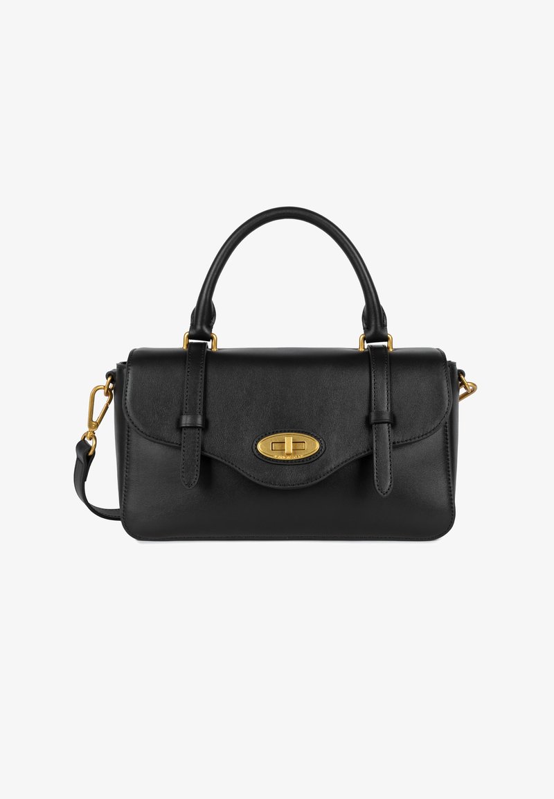 Borsa a tracolla in pelle nera con un design strutturato. Caratterizzata da dettagli in oro, manico superiore, tracolla rimovibile e chiusura magnetica.