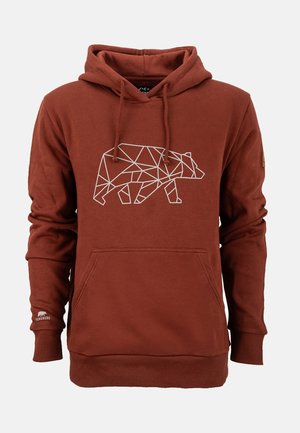 Rdzawy hoodie wykonany z mieszanki bawełny, z geometrycznym grafikiem białego niedźwiedzia. Zawiera kieszeń z przodu oraz kaptur ze sznurkiem.