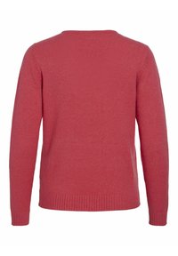 Pull rouge à manches longues en maille avec poignets et ourlet côtelés, vu de dos sur un fond blanc.