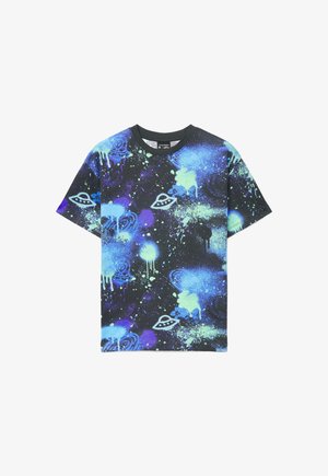 Maglietta nera a maniche corte con motivo spray di vernice a spruzzo galassia nei colori blu, verde e viola e illustrazioni bianche di UFO.