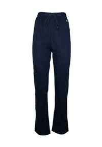 Marinblå sweatpants gjorda av mjukt tyg, med ett elastiskt midjeband med dragsko, samt en avslappnad passform med något utsvängda ben.