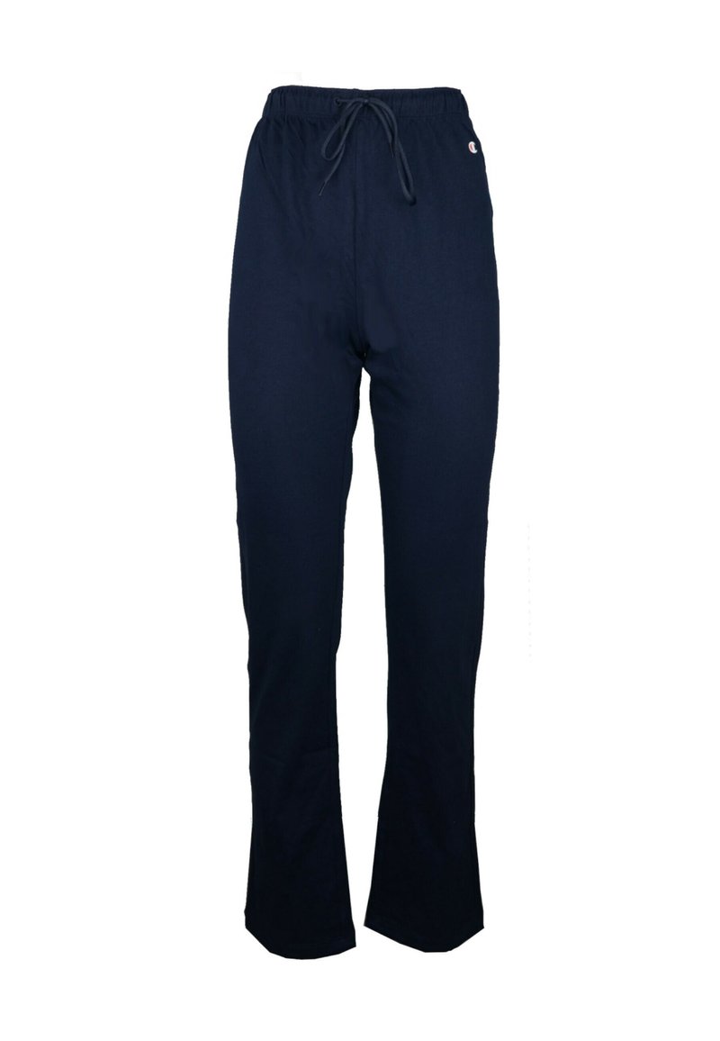 Marinblå sweatpants gjorda av mjukt tyg, med ett elastiskt midjeband med dragsko, samt en avslappnad passform med något utsvängda ben.