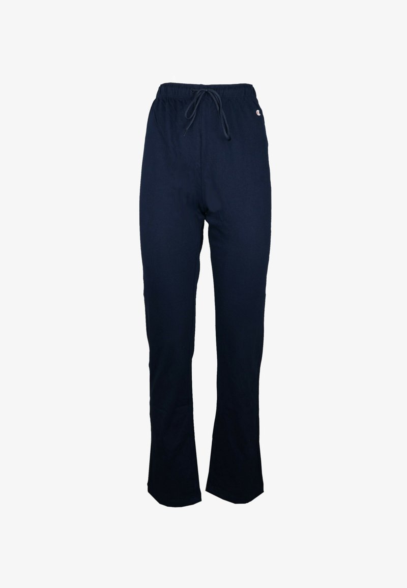 Marinblå sweatpants gjorda av mjukt tyg, med ett elastiskt midjeband med dragsko, samt en avslappnad passform med något utsvängda ben.