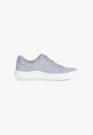 Light gray low-top sneaker with textured laces, smooth upper, padded collar, and thick white sole with ridged outsole.