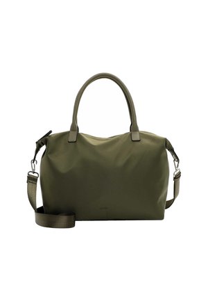 Olive green tote bag with a smooth, durable fabric. Features dual handles and a removable shoulder strap for versatile carrying options.