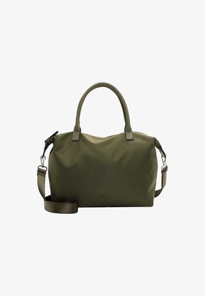 Olivengrøn tote bag med et glat, holdbart stof. Har dobbelt håndtag og en aftagelig skulderrem for alsidige bære muligheder.