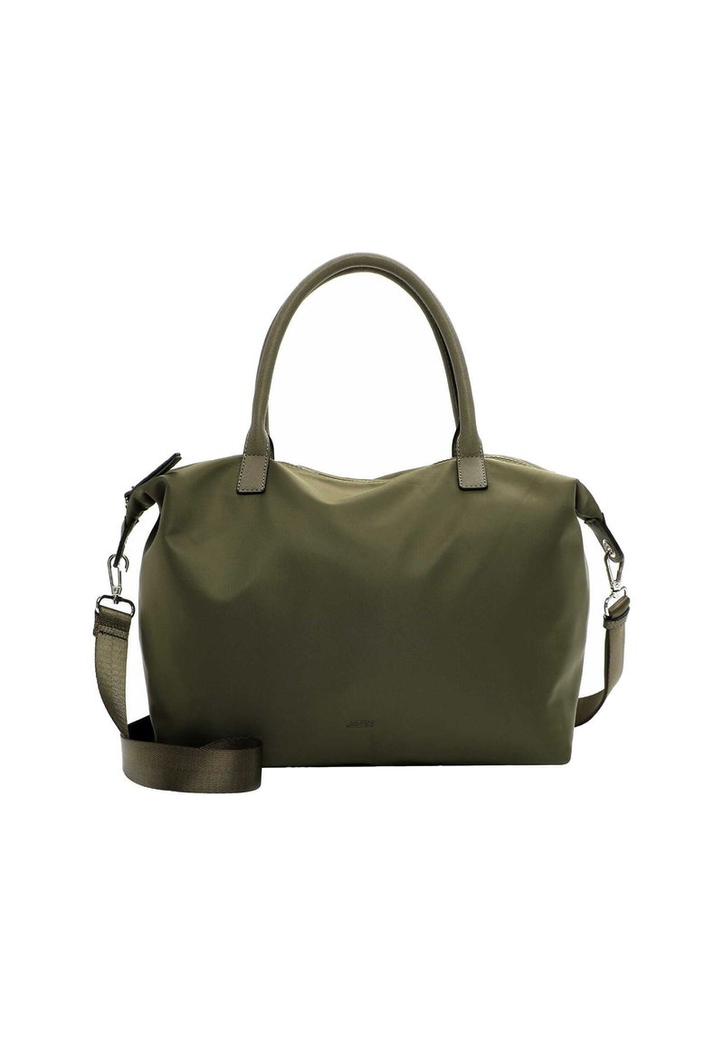 Borsa a tracolla verde oliva realizzata in un tessuto morbido e resistente. Presenta manici doppi e una tracolla rimovibile per opzioni di trasporto versatili.