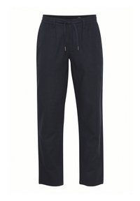 Navy blue, linen blend pants with a straight fit. Features an elastic waistband with a drawstring and metal accents.