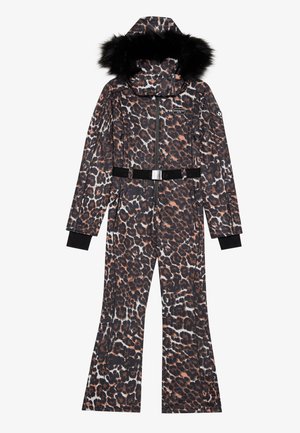 Combinaison de ski imprimée léopard avec une capuche doublée de fourrure, taille cintrée avec une ceinture noire, et jambes évasées. Comprend des poignets noirs et une fermeture éclair à l'avant.