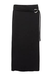 Black midi skirt made of smooth fabric. Features a minimalist design, a belt with a metal ring, and a high waistline.