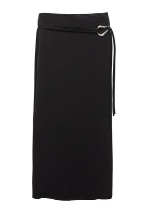 Black midi skirt made of smooth fabric. Features a minimalist design, a belt with a metal ring, and a high waistline.