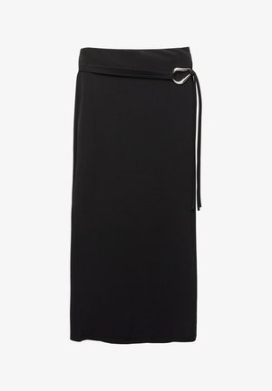 Black midi skirt made of smooth fabric. Features a minimalist design, a belt with a metal ring, and a high waistline.