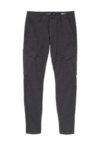 Donkergrijze cargobroek met een slim fit, meerdere zijzakken en gemaakt van een zachte, gestructureerde stof. Standaard knoop- en ritsluiting.