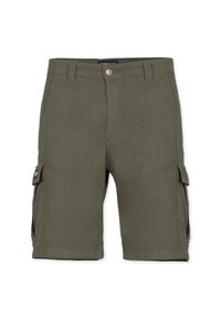 Olivengröna cargoshorts i bomull, med två sidofickor, framknäppning med knapp och raka ben.