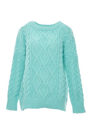 Mintgrüner Strickpullover mit einem Rautenmuster aus Zopfmuster, gerippten Bündchen und Saum. Die Textur ist dick und plüschig, was für Wärme sorgt.