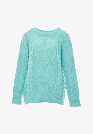 Mintgrüner Strickpullover mit einem Rautenmuster aus Zopfmuster, gerippten Bündchen und Saum. Die Textur ist dick und plüschig, was für Wärme sorgt.