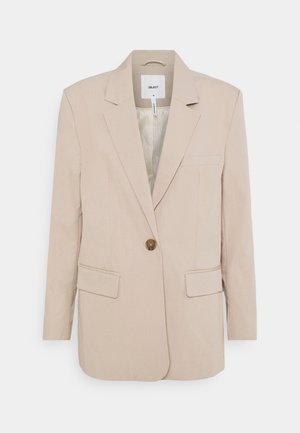 Beige blazer met één knoop, met notch-revers, twee klepzakken aan de voorkant, een borstzak en een gladde voering.
