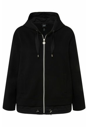 Haut à capuche noir zippé avec capuche, cordons de serrage, poches latérales et un ourlet ajustable. Fabriqué en tissu doux avec une texture lisse.