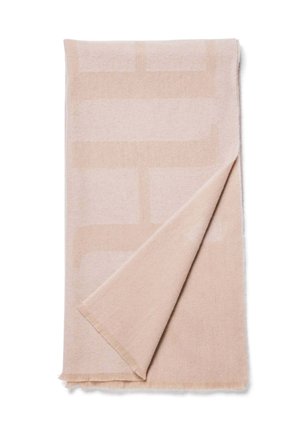 Light pink wool throw blanket with geometric pattern and frayed edges, exhibiting a soft texture and warm appearance.