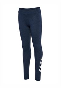 Marineblaue Leggings in voller Länge mit elastischem Bund und vier weißen Chevron-Streifen an der unteren Außenseite des rechten Beins.