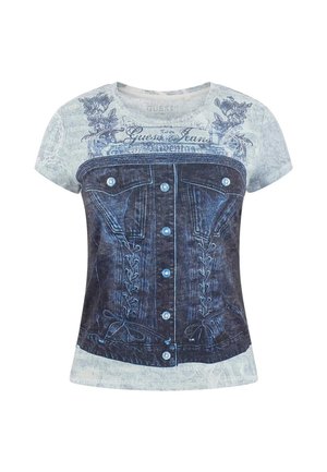 T-shirt a maniche corte con motivo denim e base azzurro chiaro, con disegno stampato a corsetto, bottoni e dettagli allacciati.