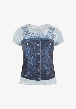 Korte mouw T-shirt met denimpatroon en een lichtblauwe basis, voorzien van een gedrukt corsetontwerp, knopen en vetersluitingdetails.