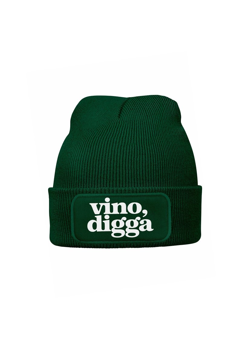 Dark green ribbed beanie with a folded cuff, featuring a rectangular patch that displays the text "vino, digga" in bold white lettering.