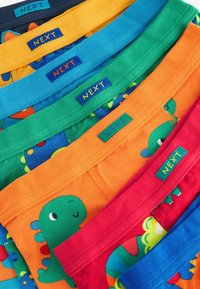 Ensemble de sous-vêtements colorés pour enfants avec divers motifs de dinosaures. Les tissus comprennent du coton et de l'élasthanne. Comprend des ceintures élastiques en bleu, vert, orange et rouge.