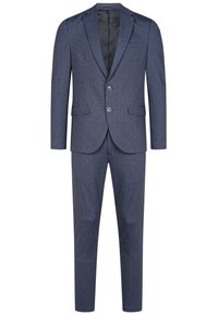 Marineblauw pak met een gestructureerde afwerking. Voorzien van een blazer met twee knopen, notch-kraag en broek met platte voorkant. Inclusief zijzakken en een patroonvoering.