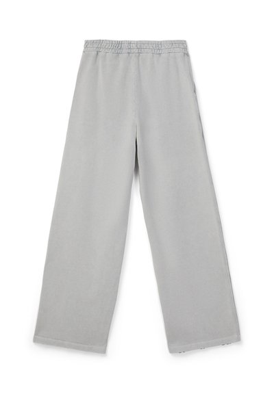 Pantalon gris clair à jambes larges avec ceinture élastique, doté de poches latérales et d'une coupe simple et ample.