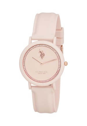 Orologio da polso rosa U.S. Polo Assn. con quadrante rotondo, lunetta impreziosita da cristalli, quadrante minimalista con logo e cinturino in silicone.