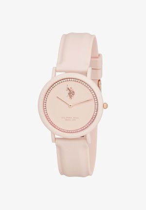 Rosa U.S. Polo Assn. Armbanduhr mit rundem Zifferblatt, mit Kristallen besetzter Lünette, minimalistischem Ziffernblatt mit Logo und Silikonarmband.