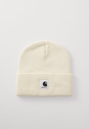 Off-white knitted beanie with folded cuff featuring a small square Carhartt logo patch centered on the cuff.