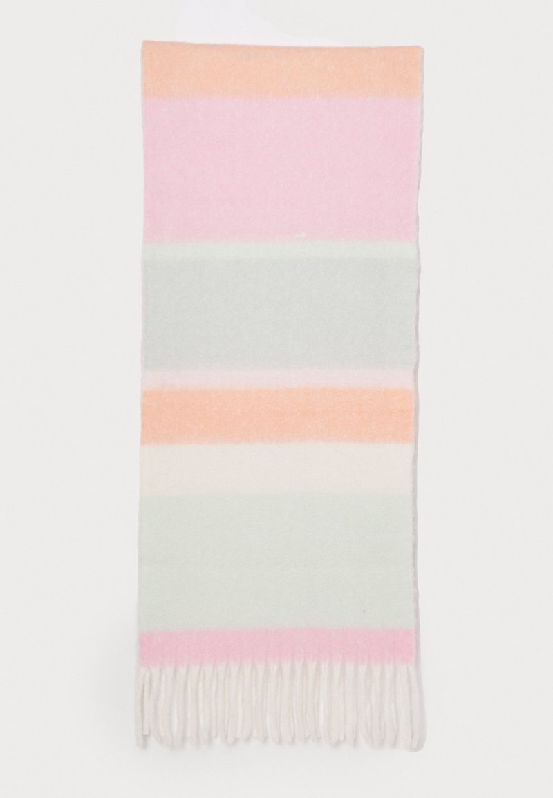 Blød tæppe med vandrette striber i pink, orange, mintgrøn og hvid, med frynser i kanterne for ekstra tekstur.