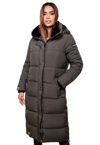 Puffer coat in dark gray with a hood, featuring a plush collar, quilted texture, zipped front, and side pockets with grommet details.