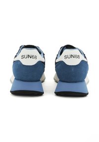 Para niebiesko-białych sneakersów SUN68 widocznych z tyłu, z zamszowymi piętami i czarną tekstową logówką na białych tabach piętowych.