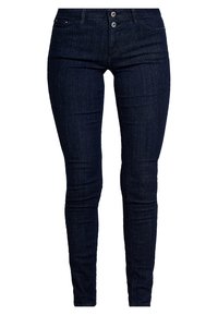 Mörkblå skinny jeans i denim med hög midja, två framfickor och två metalldokningar. Slät textur.