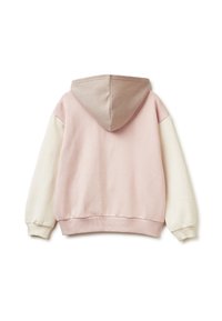 Sudadera con capucha que presenta un cuerpo rosa, mangas crema y una capucha beige. Textura suave con puños y dobladillo acanalados.
