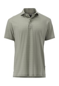 Hellgrünes Polohemd mit strukturiertem Muster, kurzen Ärmeln, dreiknopfiger Knopfleiste und klassischem Kragen.