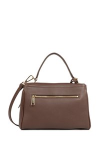 Borsa a tracolla in pelle marrone con finiture dorate, dotata di manico superiore e cintura rimovibile. Include una tasca frontale con zip.