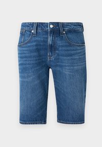 Modré džínové šortky s vybledlým efektem, pěti kapsami, zapínáním na knoflíky a viditelnými detaily švů. Design má rovný střih.