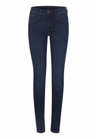 Slim fit temno modri kavbojki z višjim pasom, pet žepov in diskretnimi šivi. Narejeni so iz raztegljivega denima za udobje.