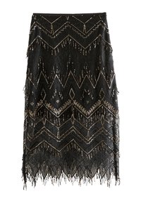 Black beaded skirt featuring a chevron pattern, layered fringe, and intricate detailing with metallic accents throughout.