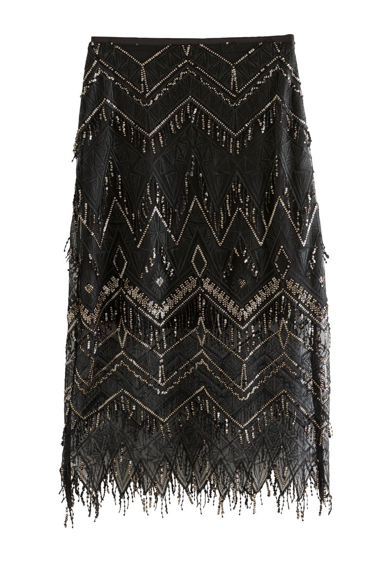 Black beaded skirt featuring a chevron pattern, layered fringe, and intricate detailing with metallic accents throughout.