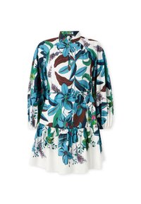 Blumenkleid mit langen Ärmeln, das blaue und grüne Blätter zeigt, einen knöpfbaren Kragen hat und einen gestuften Rock mit Kordelzugbund besitzt.