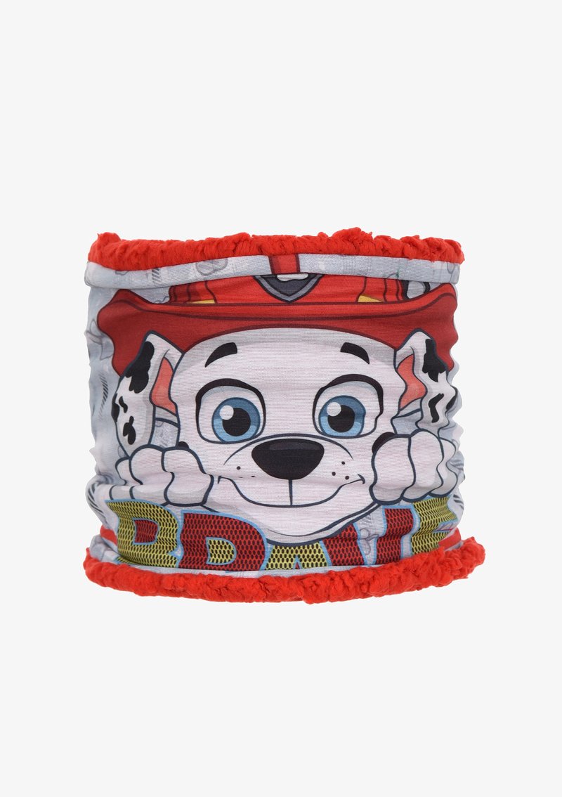 Gaiter tubular multicolor con un perro de dibujos animados con manchas negras, acentos rojos y bordes texturizados. Letras impresas en amarillo y rojo.